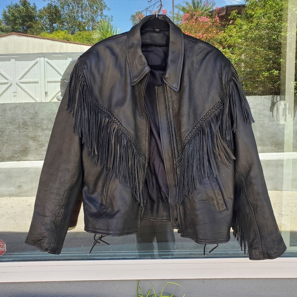 Black Hills Large Black Leather Jacket with Fringe and Insulation